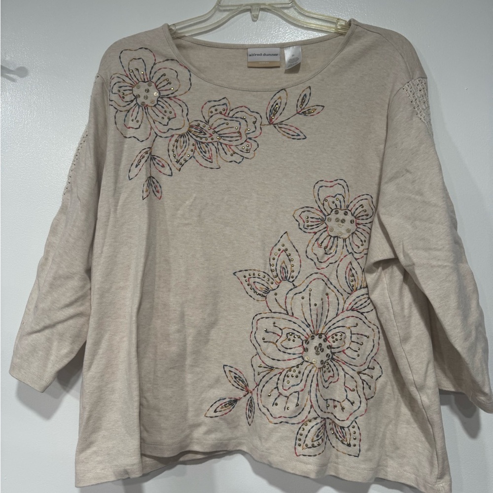 Alfred Dunner Beige Floral Embroidered Long Sleeve Top